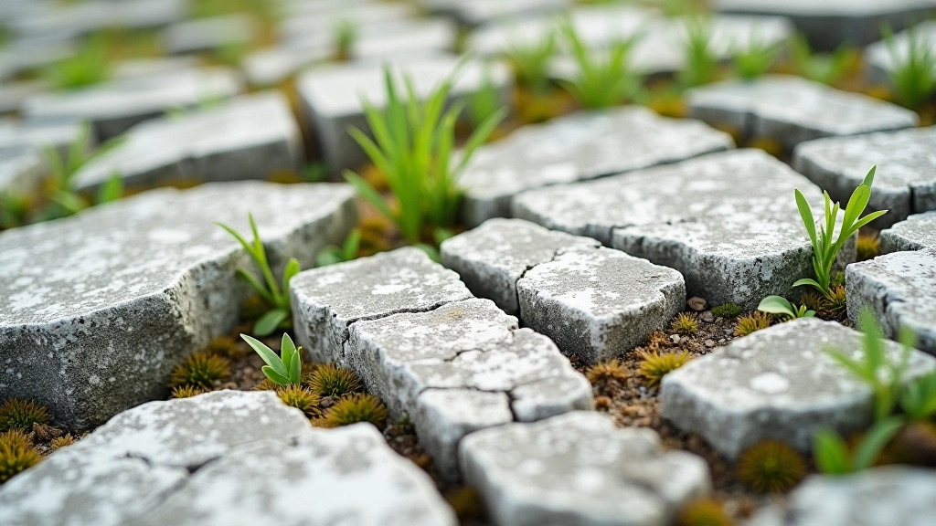 Ground-level photograph showing natural limestone pavement with deep vertical fissures (grikes) separating rectangular blocks (clints) with plants growing in the crevices