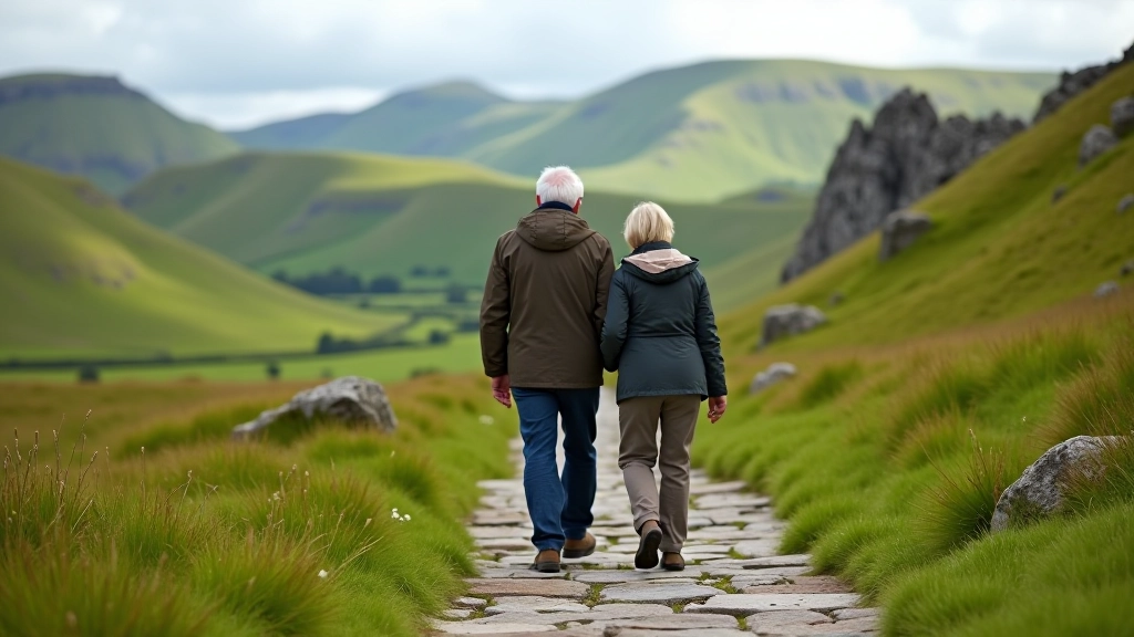 Elderly couple walking on a stone pathway through rolling green hills and limestone formations in County Clare, Ireland