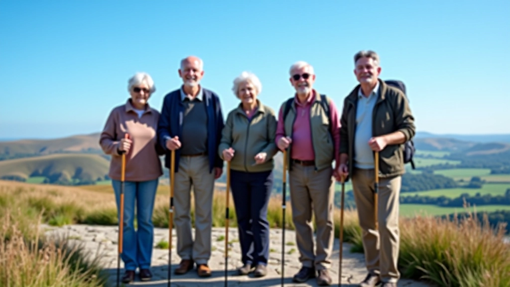 Group of seniors with walking sticks standing together on a limestone terrace, smiling with a clear blue sky behind them