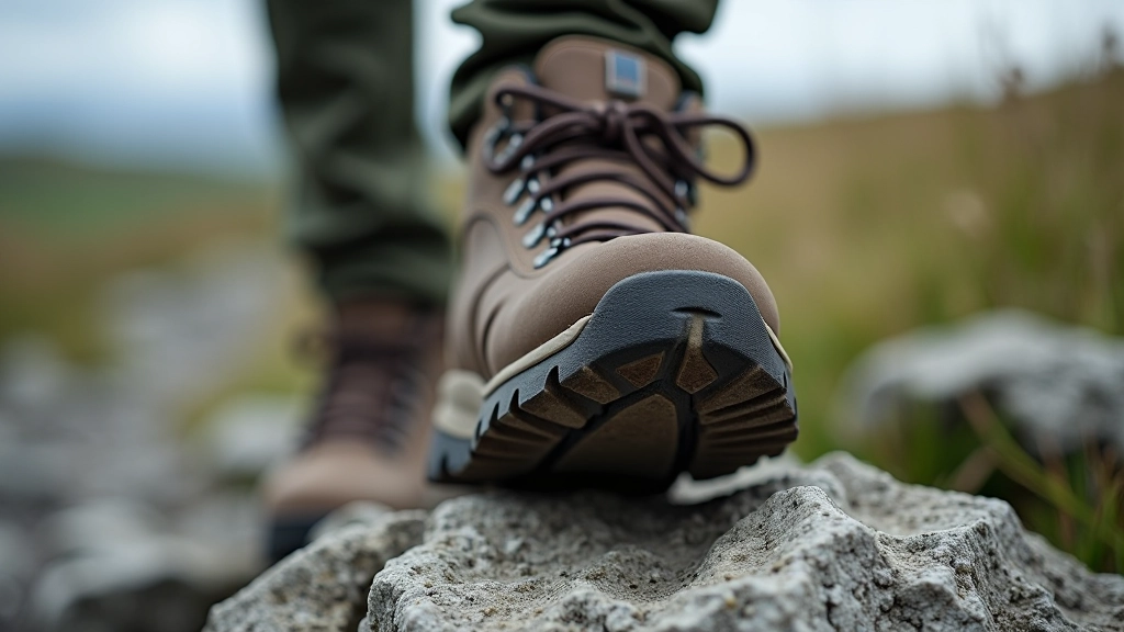 Close-up of hiking boot sole on limestone rocks, showing aggressive tread pattern and weathered leather
