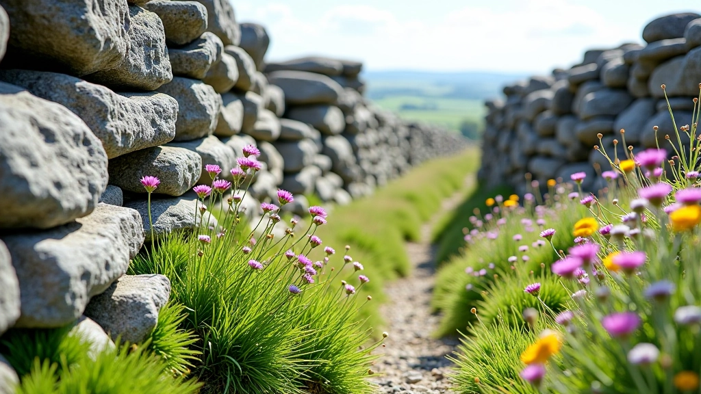 Close-up view of ancient stone walls and wildflowers growing between limestone rocks in the Burren landscape