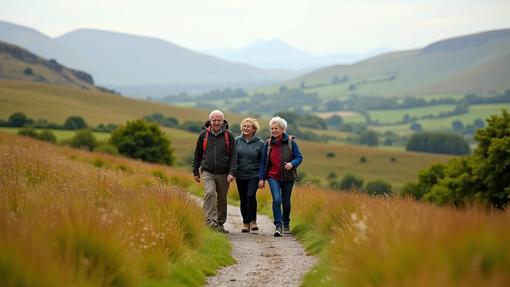 Group of senior walkers enjoying a gentle limestone pathway walk through the scenic Burren landscape with valley views