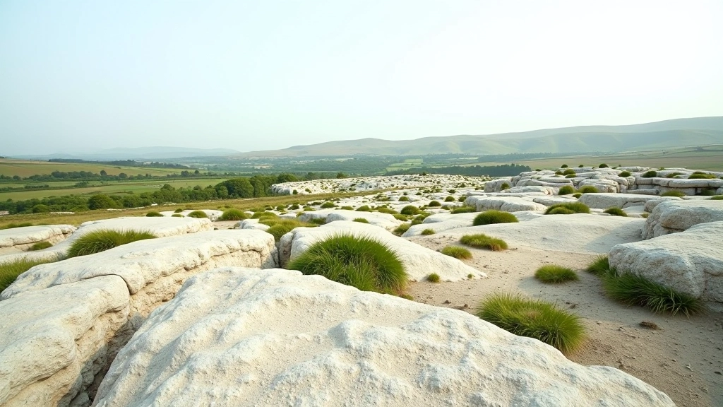Panoramic view of the Burren plateau with limestone formations and green valleys